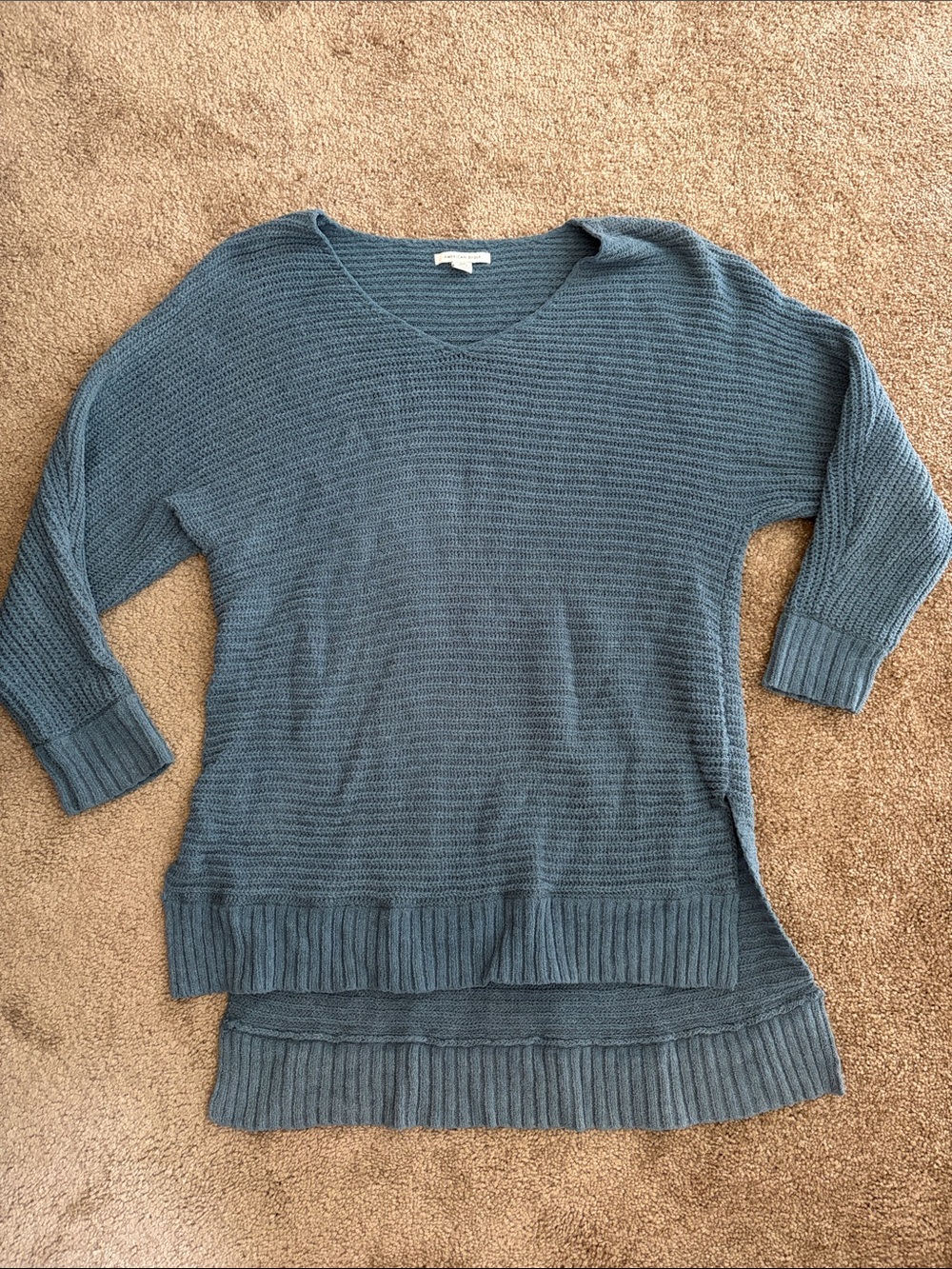 V-Neck Long Ribbed Pullover Sweater - Blue